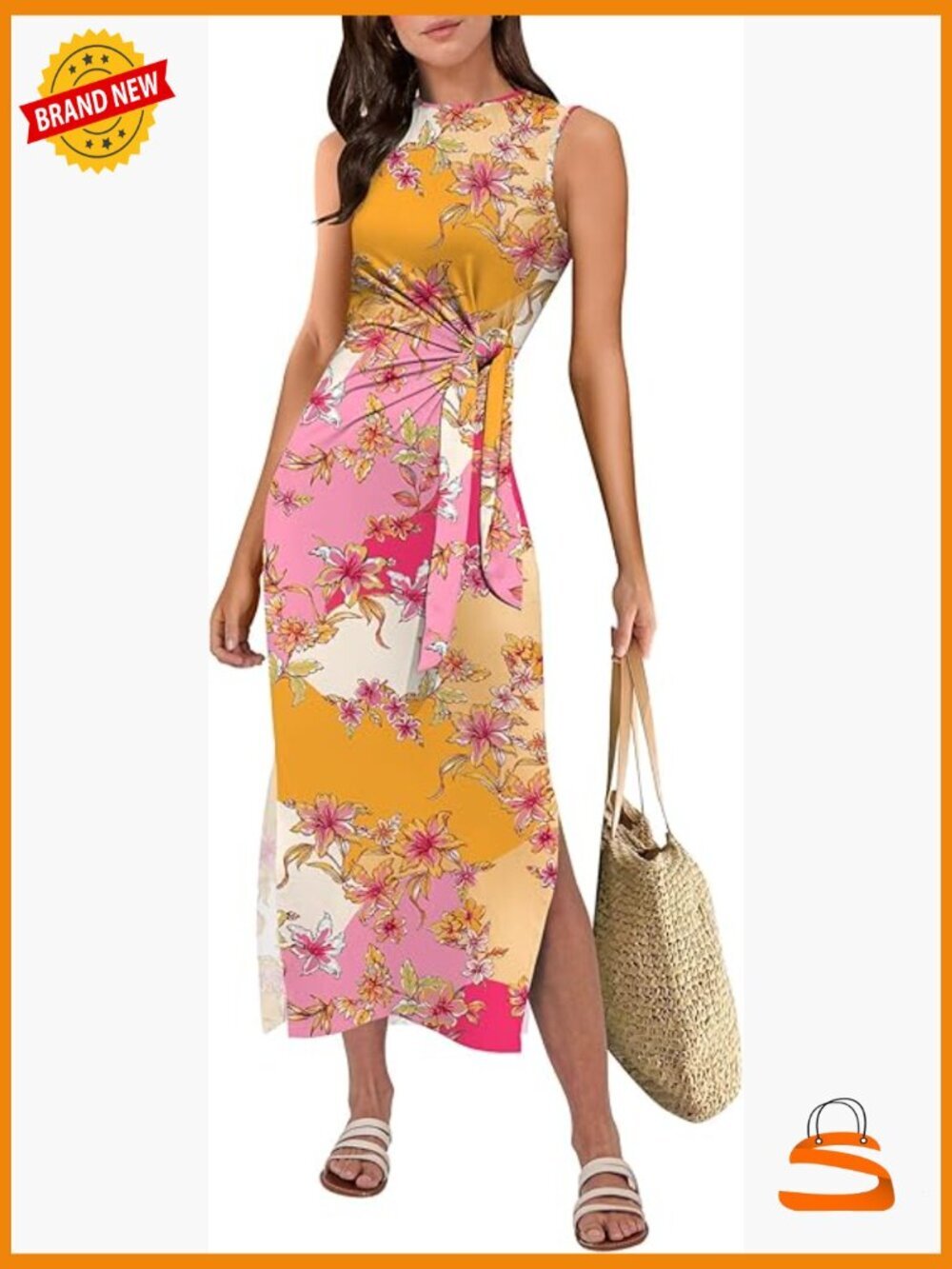 Slim Fit Tie Waist Tank Midi Dress Sleeveless Sheath Maxi Pull On Summer Casual